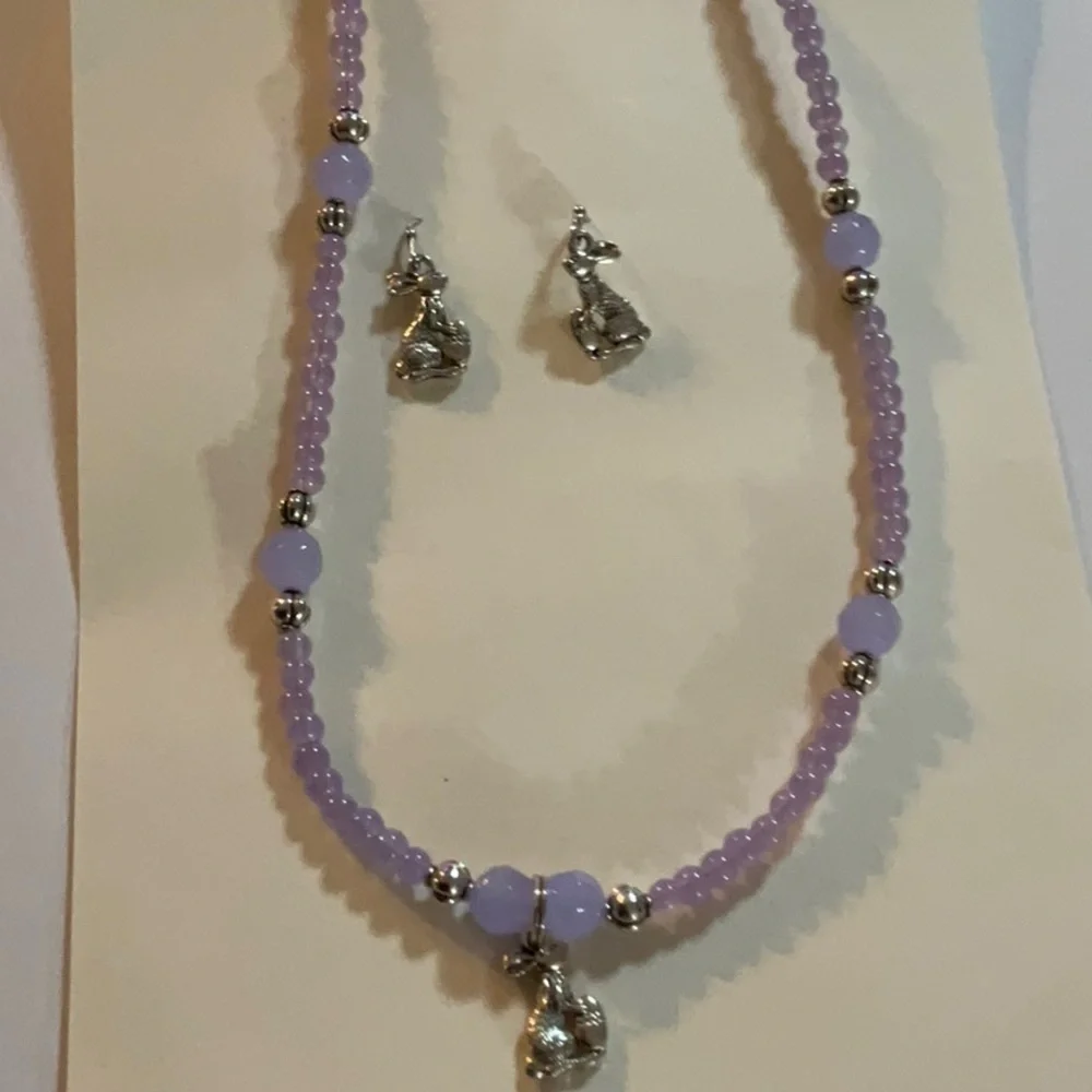 Hand Crafted Rabbit Charm Necklace Pierced Earrings Lavender Silver Easter Bunny